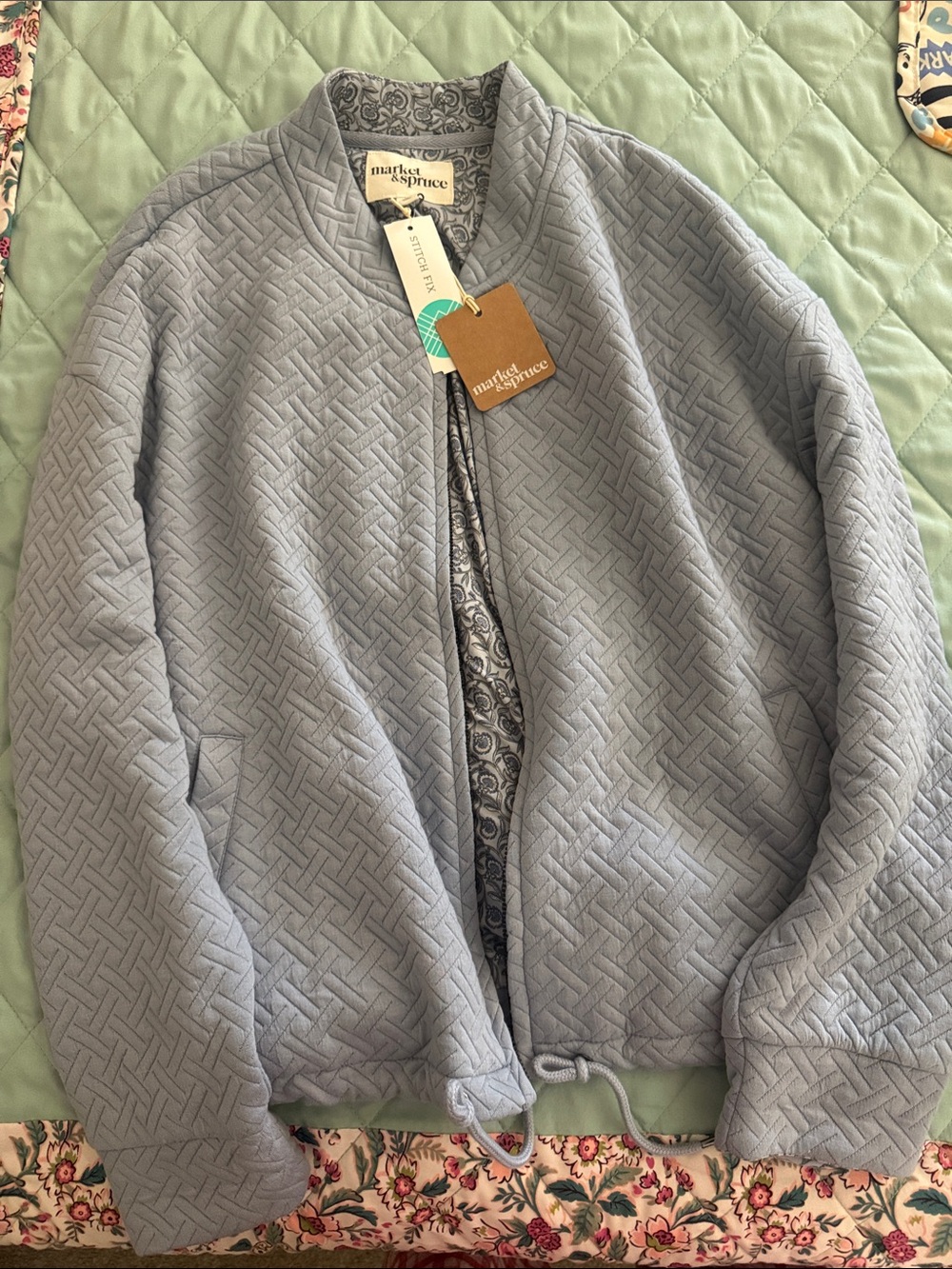 Market & Spruce Quilted Gray Bomber Jacket with Paisley Lining